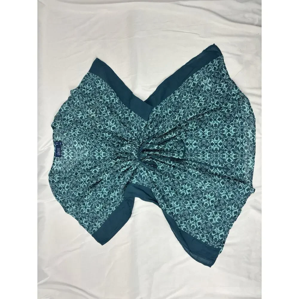 Denim & Co. Beach Printed Caftan Cover-Up Cinched Waist Teal Size M Beach Resort